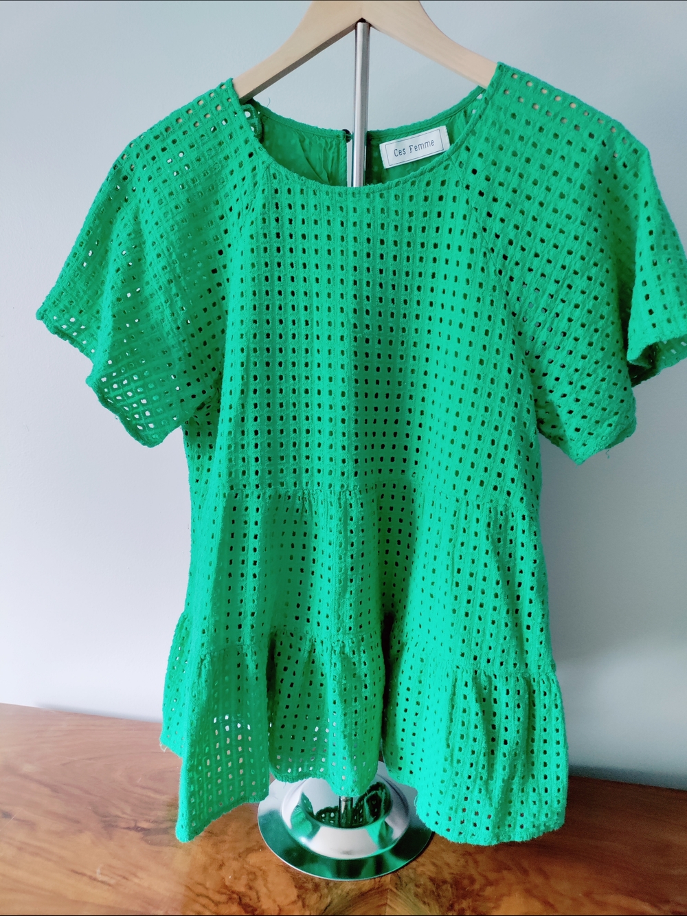 Ces Femme Green Eyelet Peplum Top